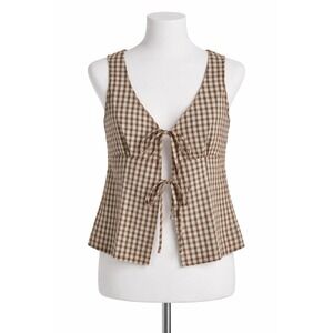Vigoss Womens Brown Gingham Tie Front Sleeveless Top Cottagecore Size‎ L